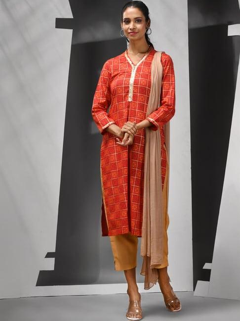 charukriti red & beige printed kurta pant set with dupatta