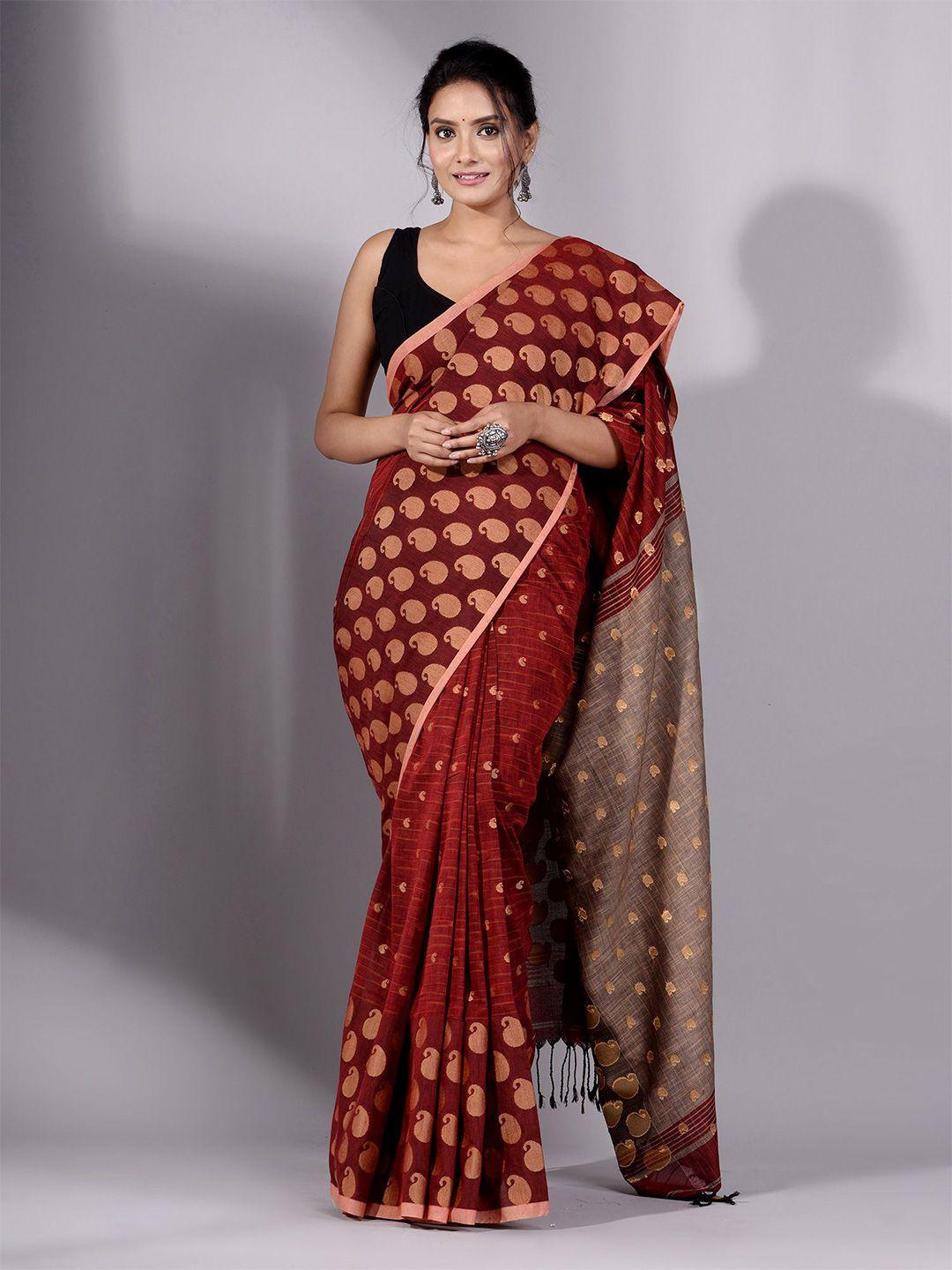 charukriti red & beige woven design pure cotton saree