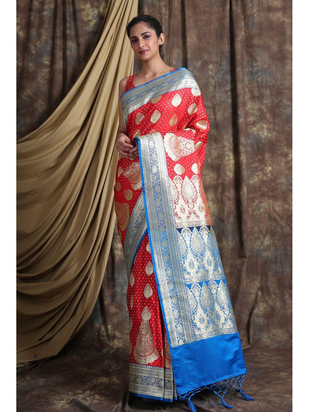 charukriti red & blue ethnic motifs zari pure silk banarasi saree