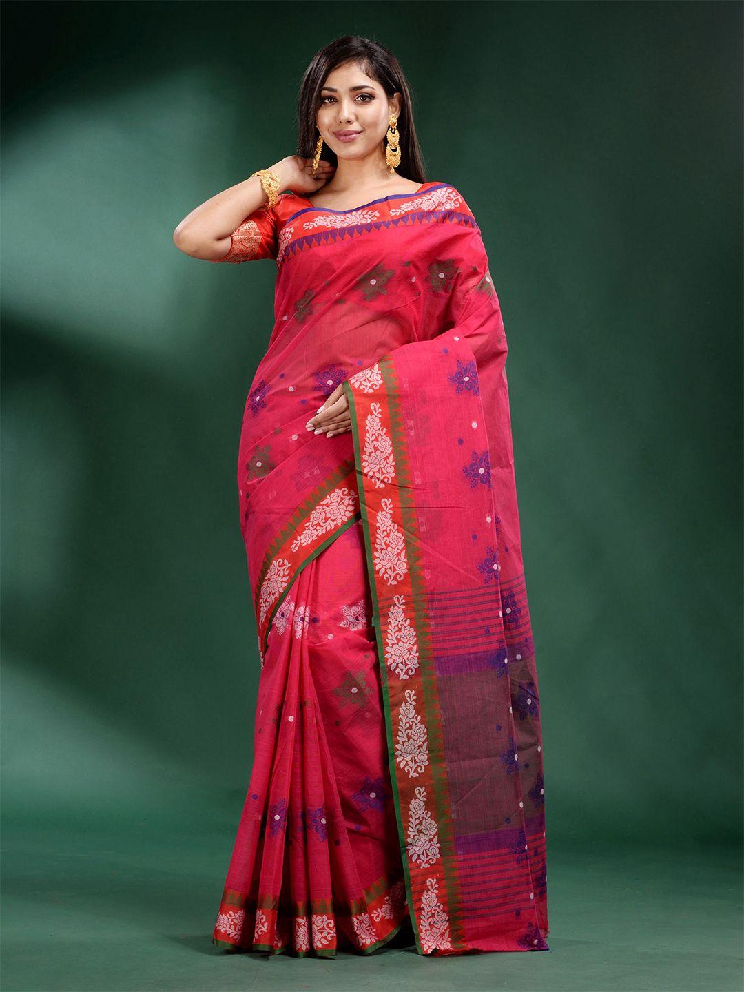 charukriti red & blue floral pure cotton saree