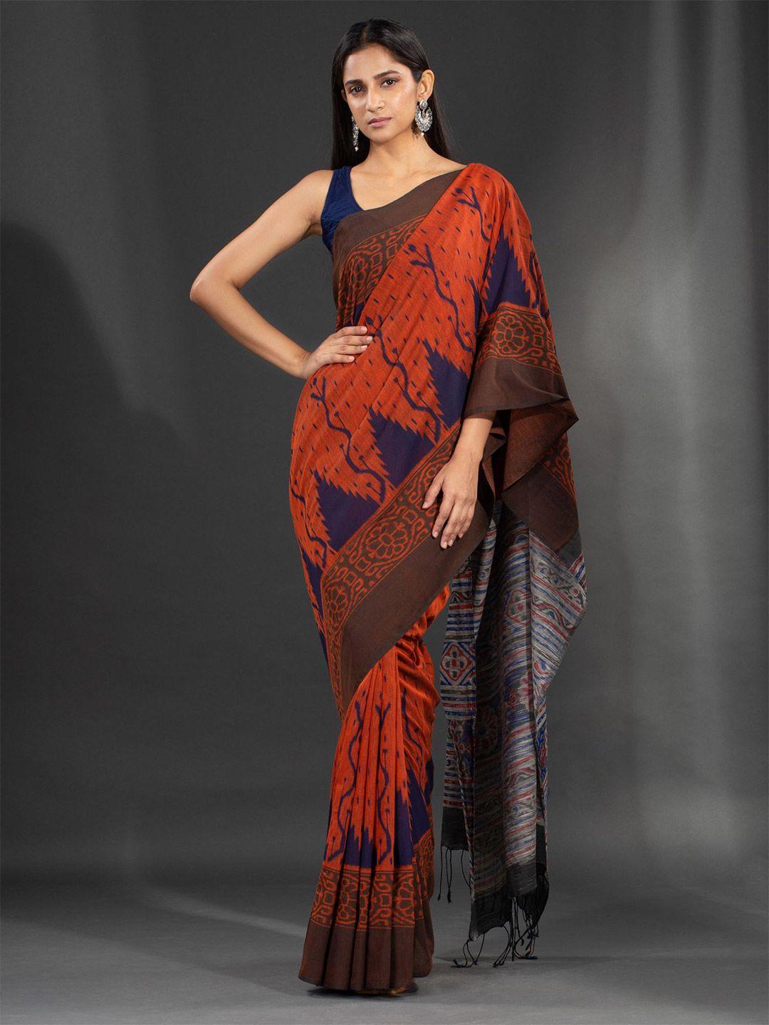 charukriti red & blue printed pure cotton saree