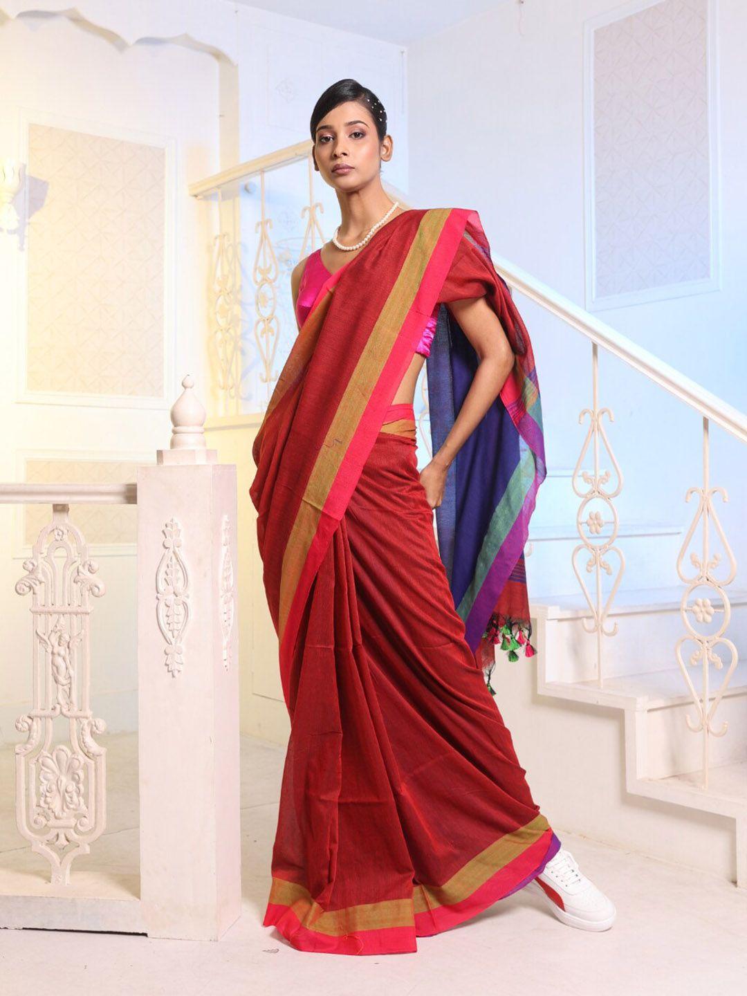 charukriti red & blue pure cotton saree