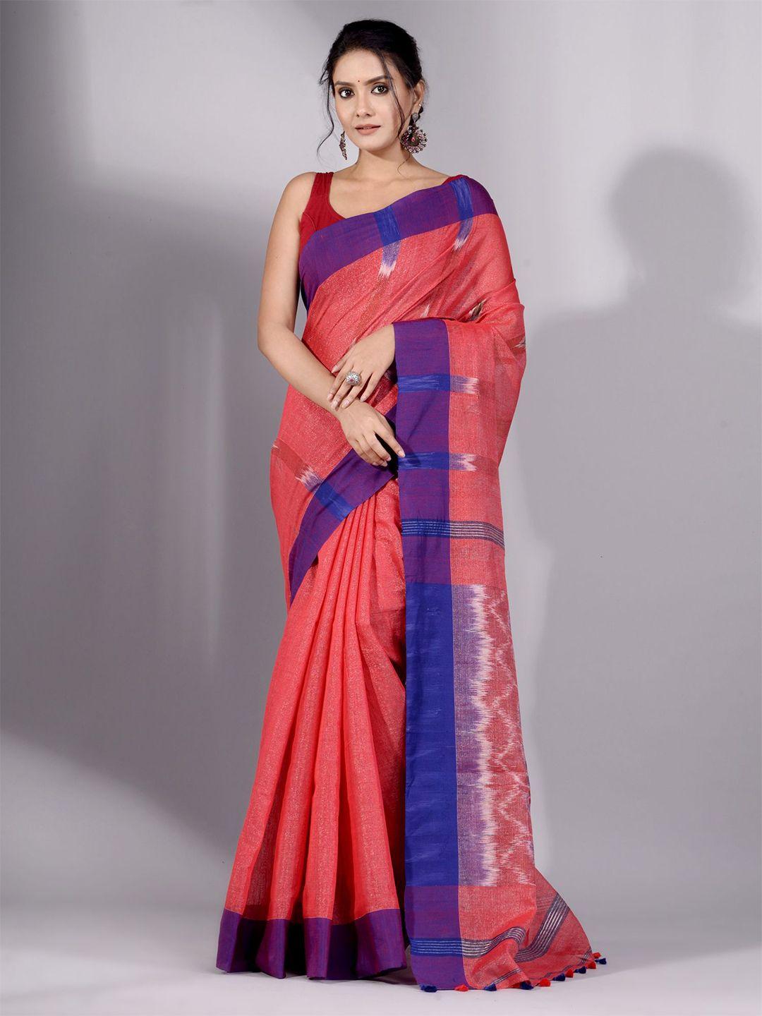 charukriti red & blue woven design pure cotton saree