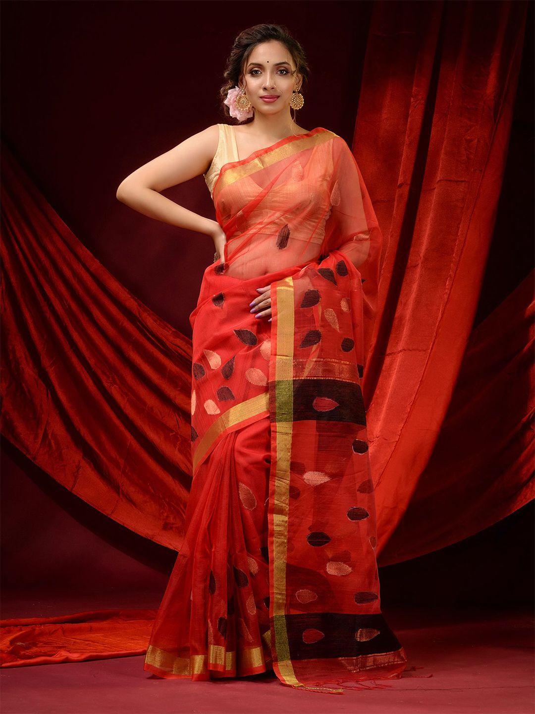 charukriti red & brown zari pure silk saree