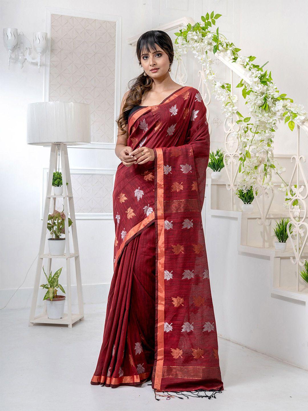 charukriti red & copper-toned woven design pure linen saree