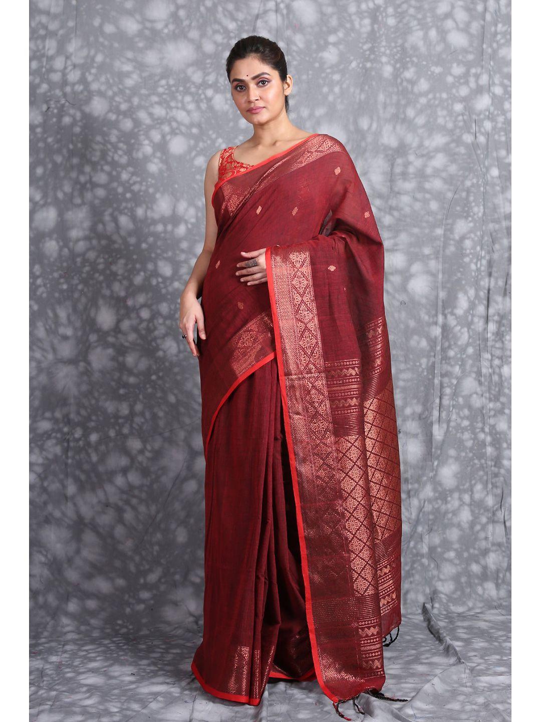 charukriti red & gold-toned ethnic motifs zari pure cotton saree