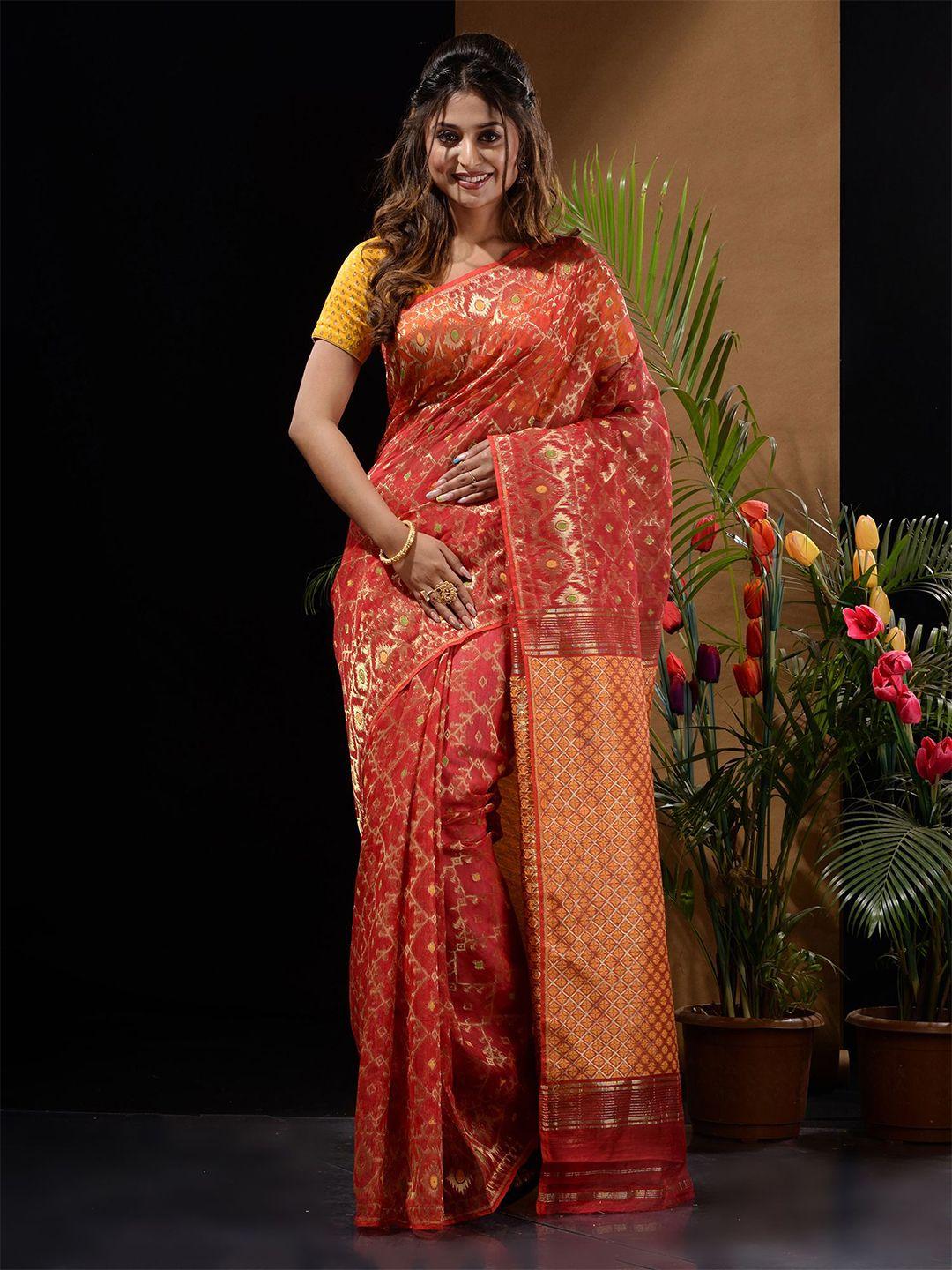 charukriti red & gold-toned ethnic motifs zari silk cotton jamdani saree