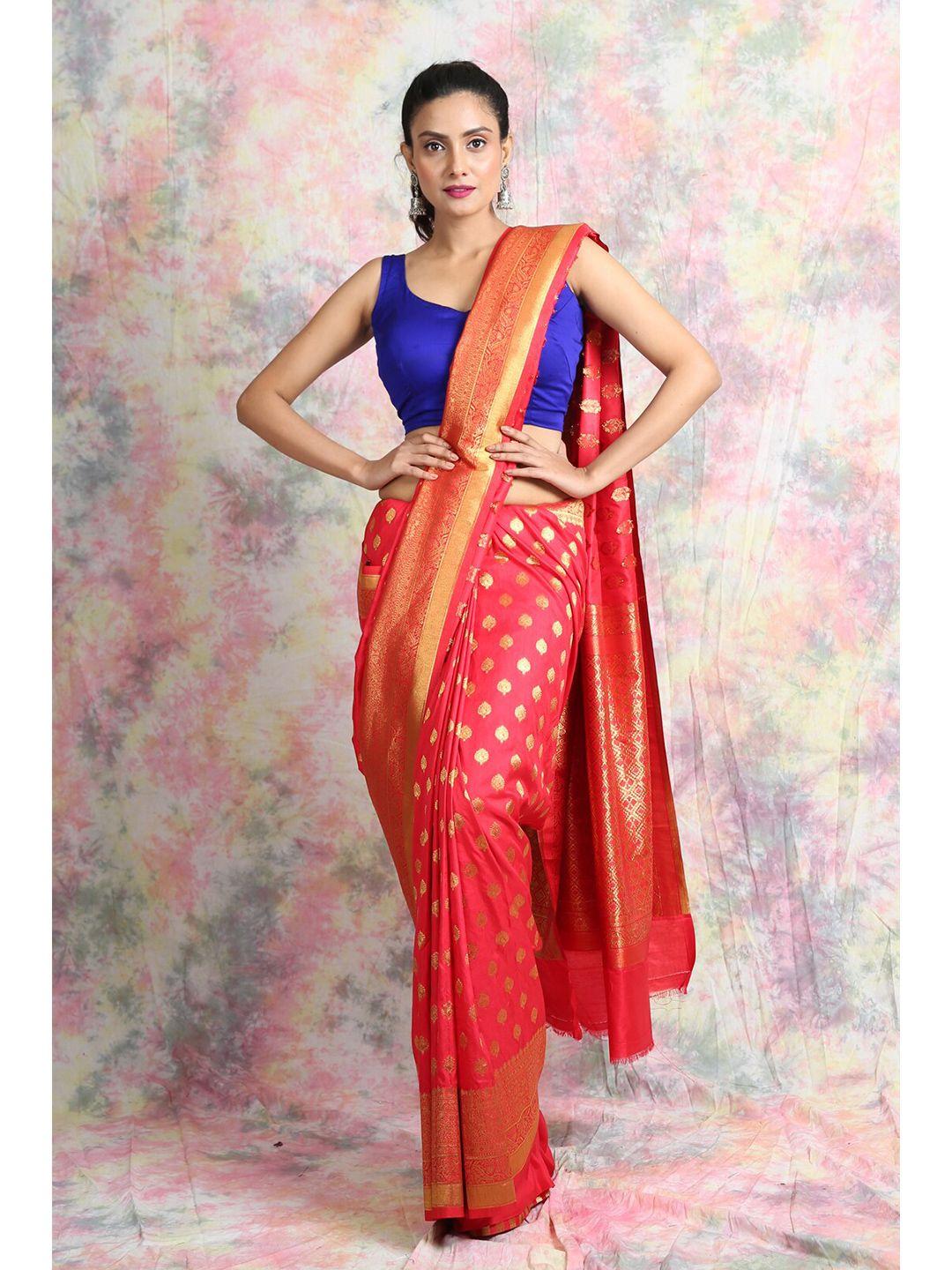 charukriti red & gold-toned woven design zari pure cotton saree