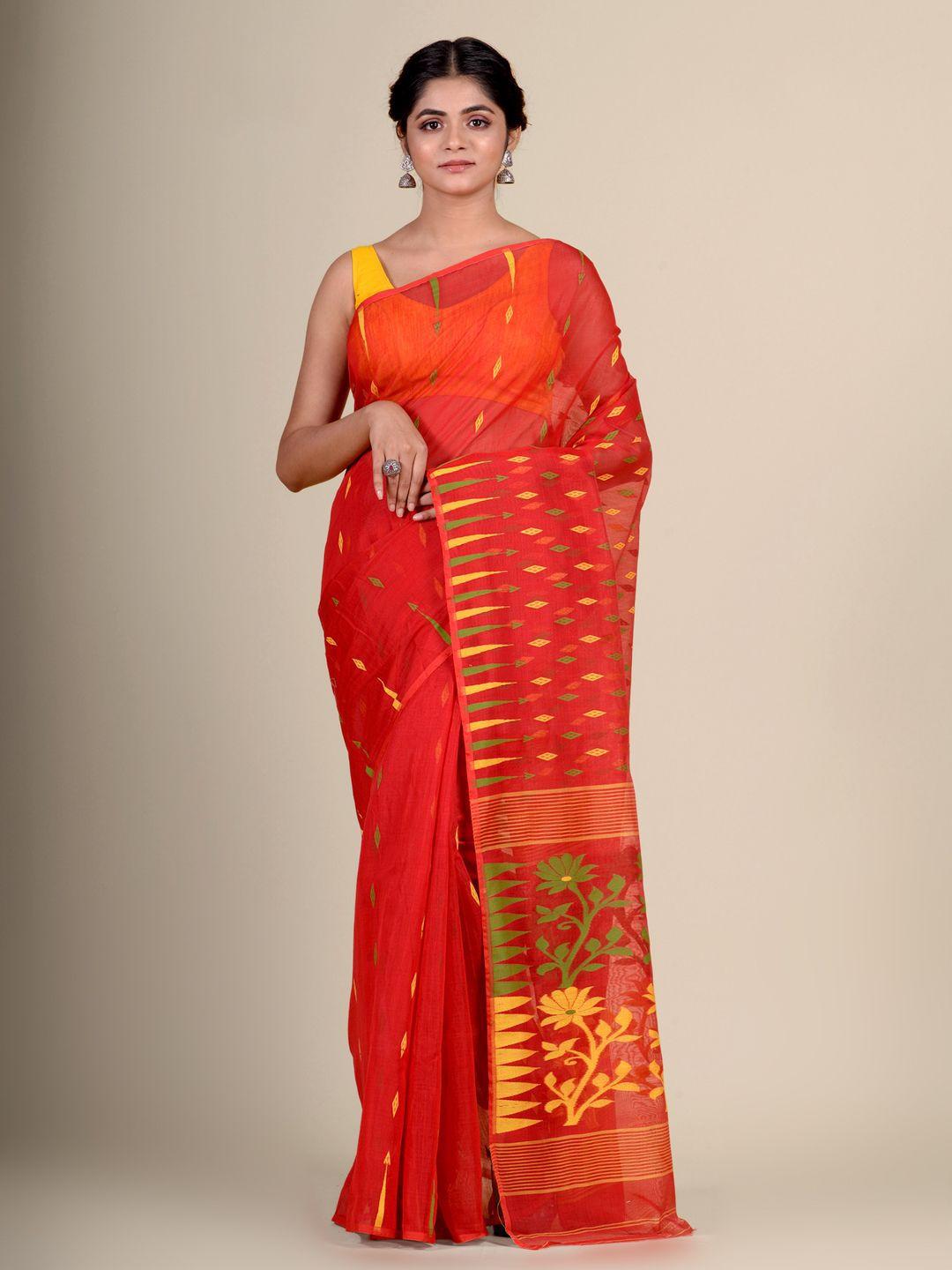 charukriti red & green floral woven design jamdani saree