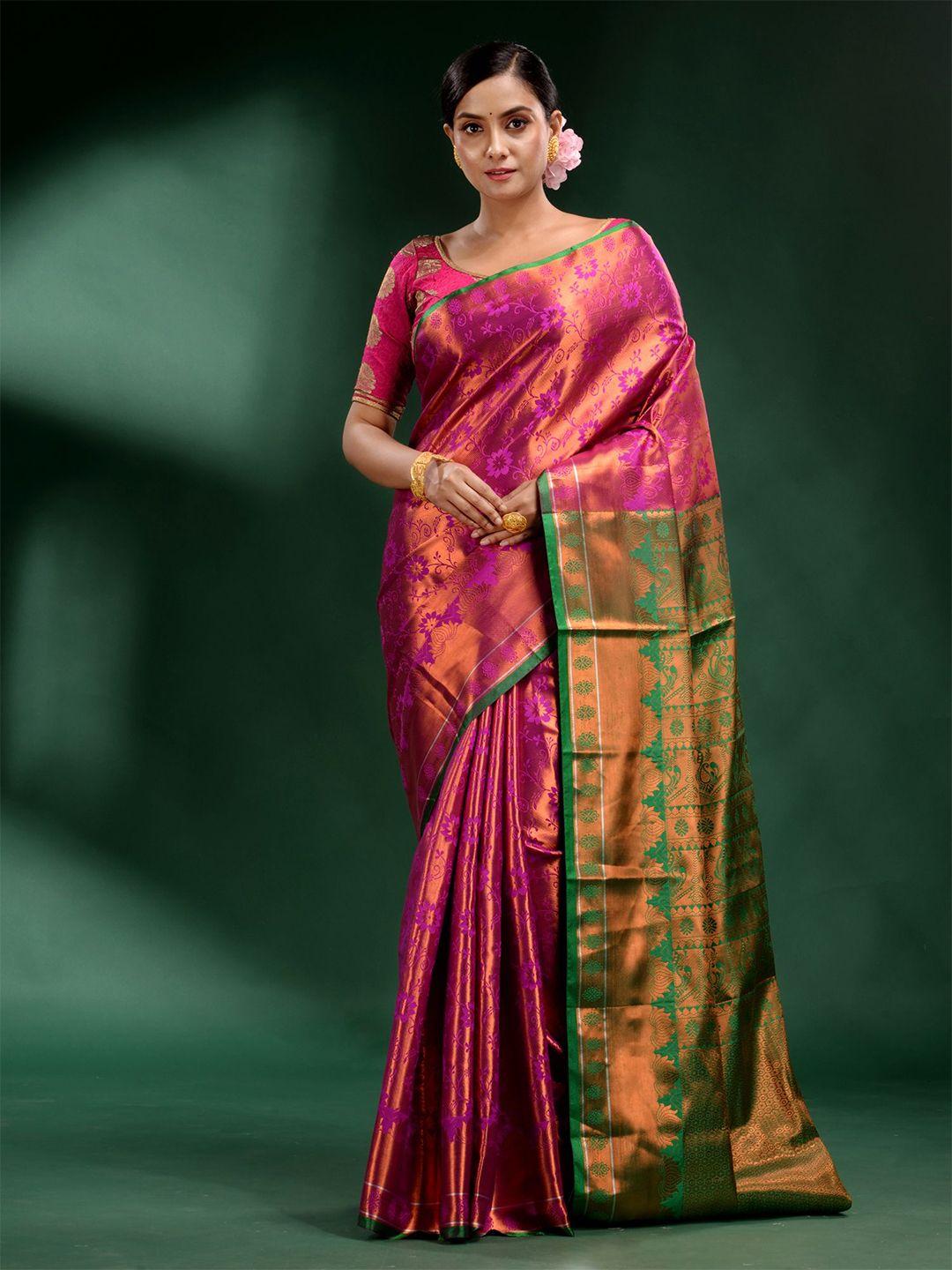 charukriti red & green floral zari silk blend saree