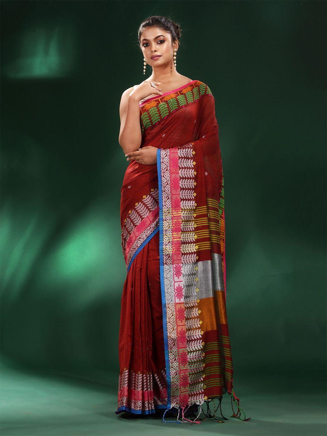 charukriti red & green woven design zari pure cotton saree