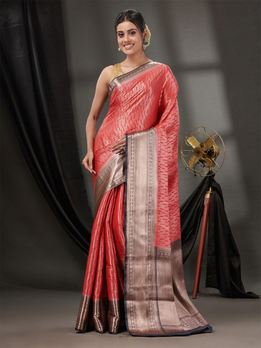 charukriti red & grey woven design zari silk blend saree