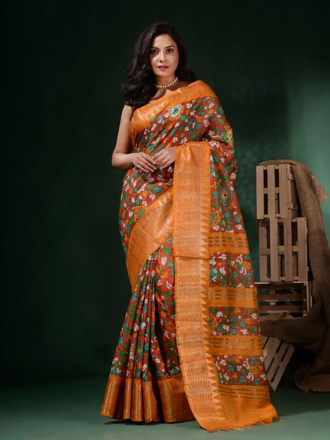 charukriti red & orange kalamkari zari silk blend saree