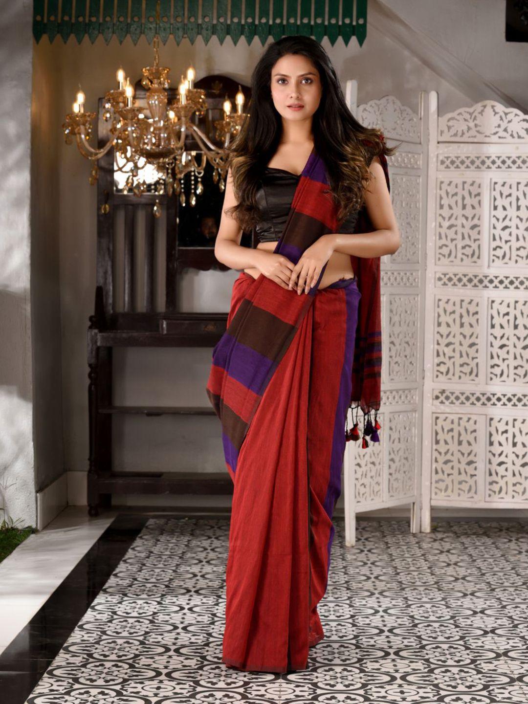 charukriti red & purple colourblocked handwoven pure cotton saree