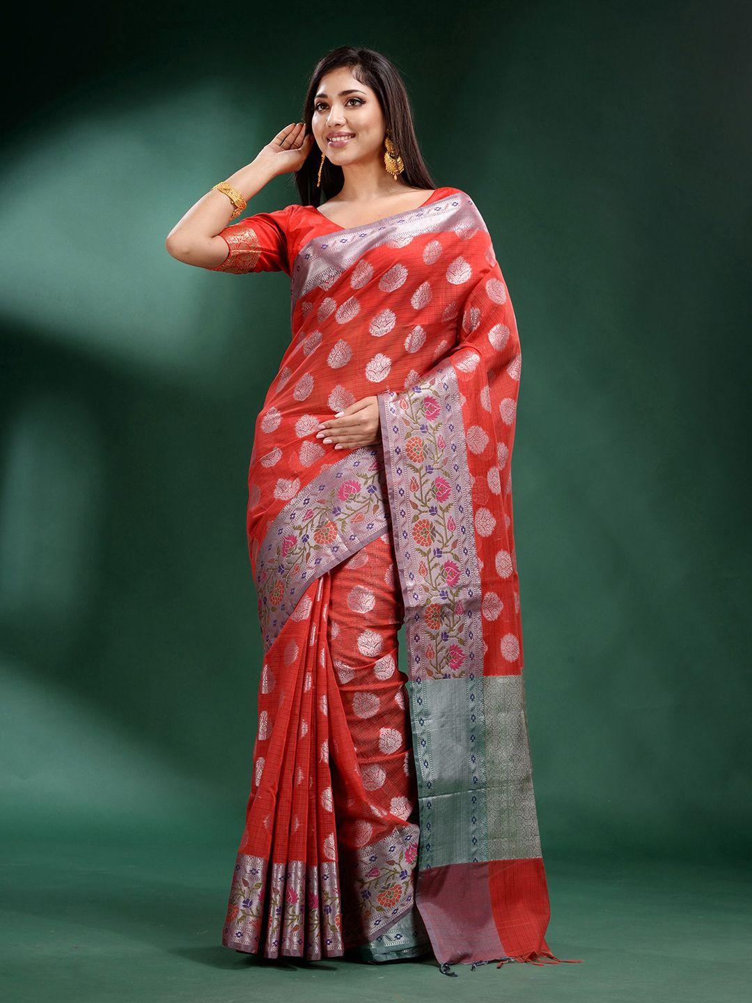 charukriti red & silver-toned ethnic motifs silk blend saree