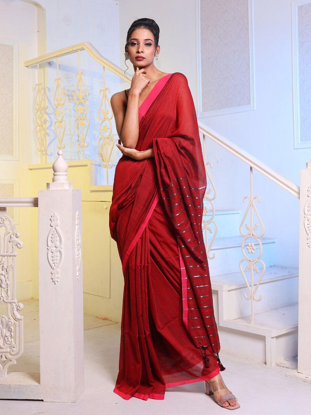 charukriti red & silver-toned pure cotton saree