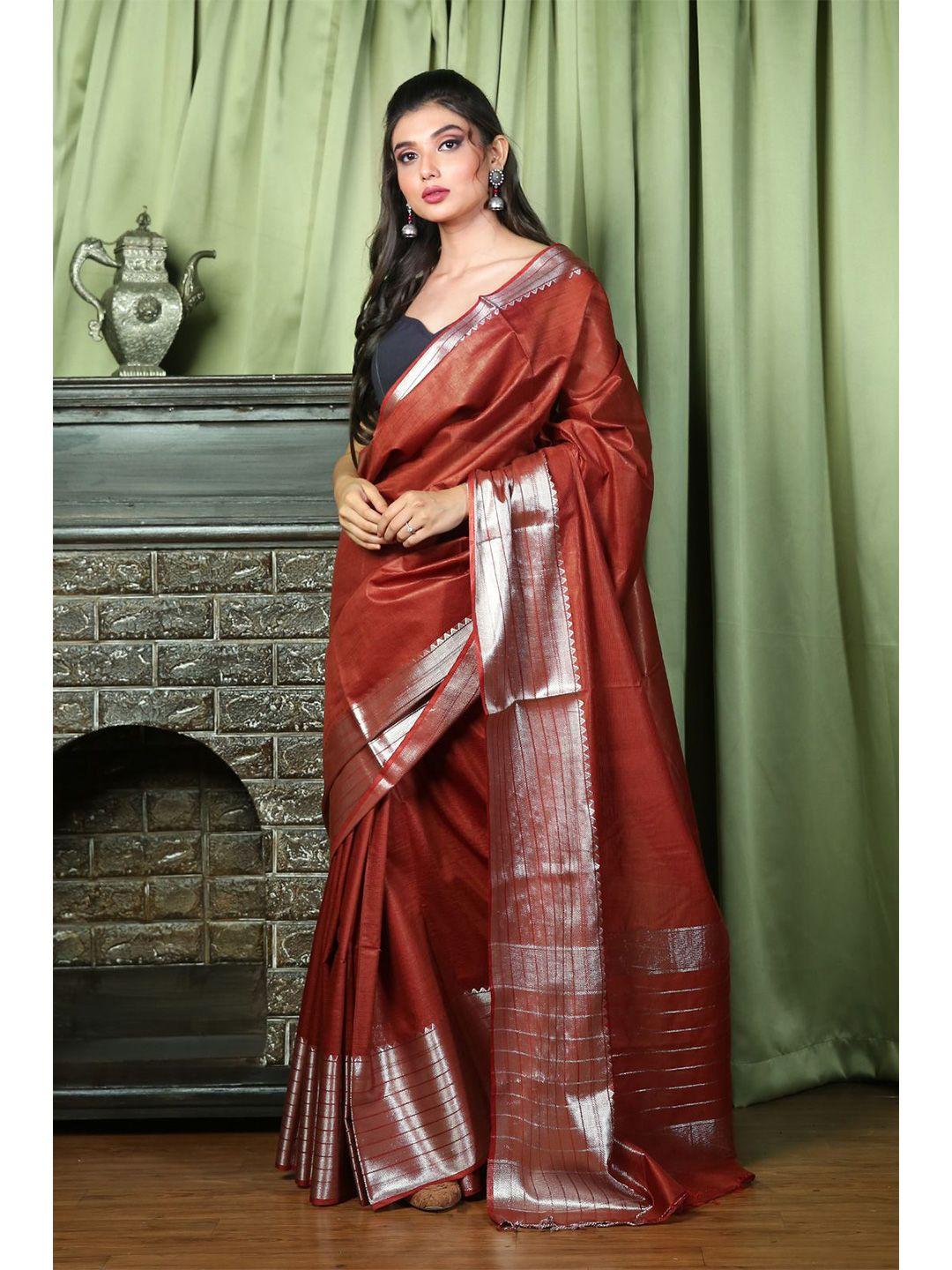 charukriti red & silver-toned woven design zari silk blend saree