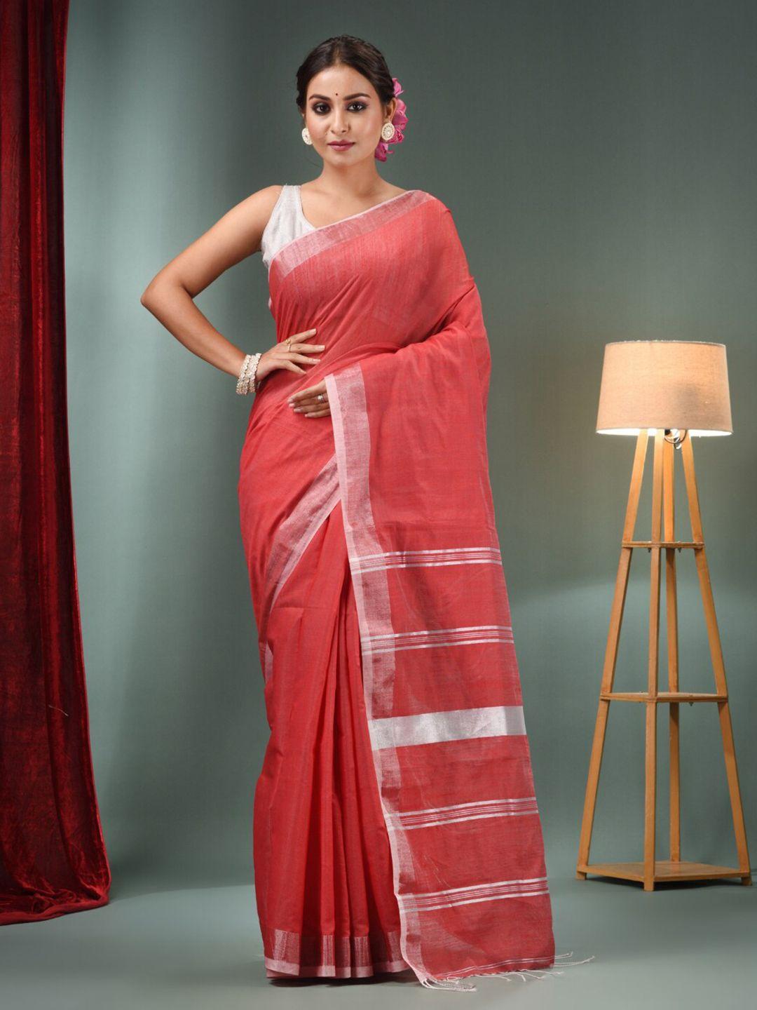 charukriti red & silver-toned zari saree