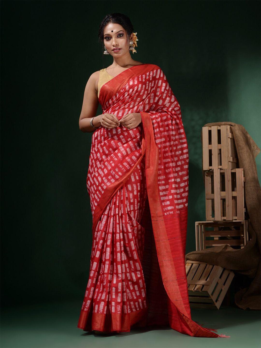 charukriti red & white zari silk blend block print saree