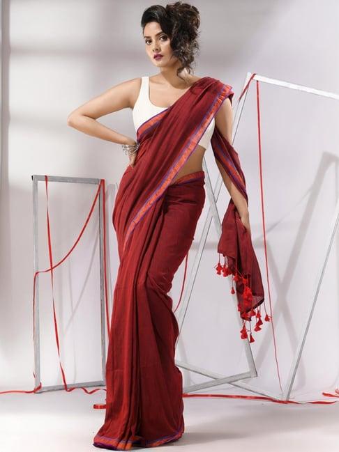 charukriti red cotton embellished saree with unstitched blouse