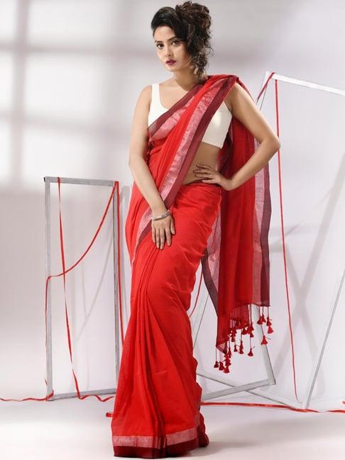 charukriti red cotton striped saree with unstitched blouse