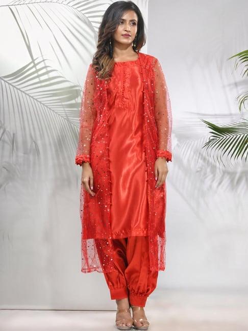 charukriti red embellished kurta salwaar set with jacket