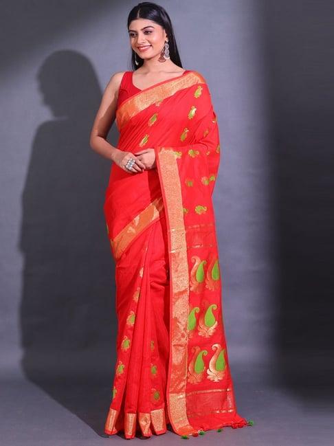 charukriti red woven saree with unstitched blouse