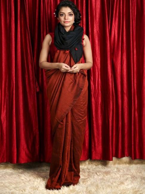 charukriti rust & black cotton saree with unstitched blouse