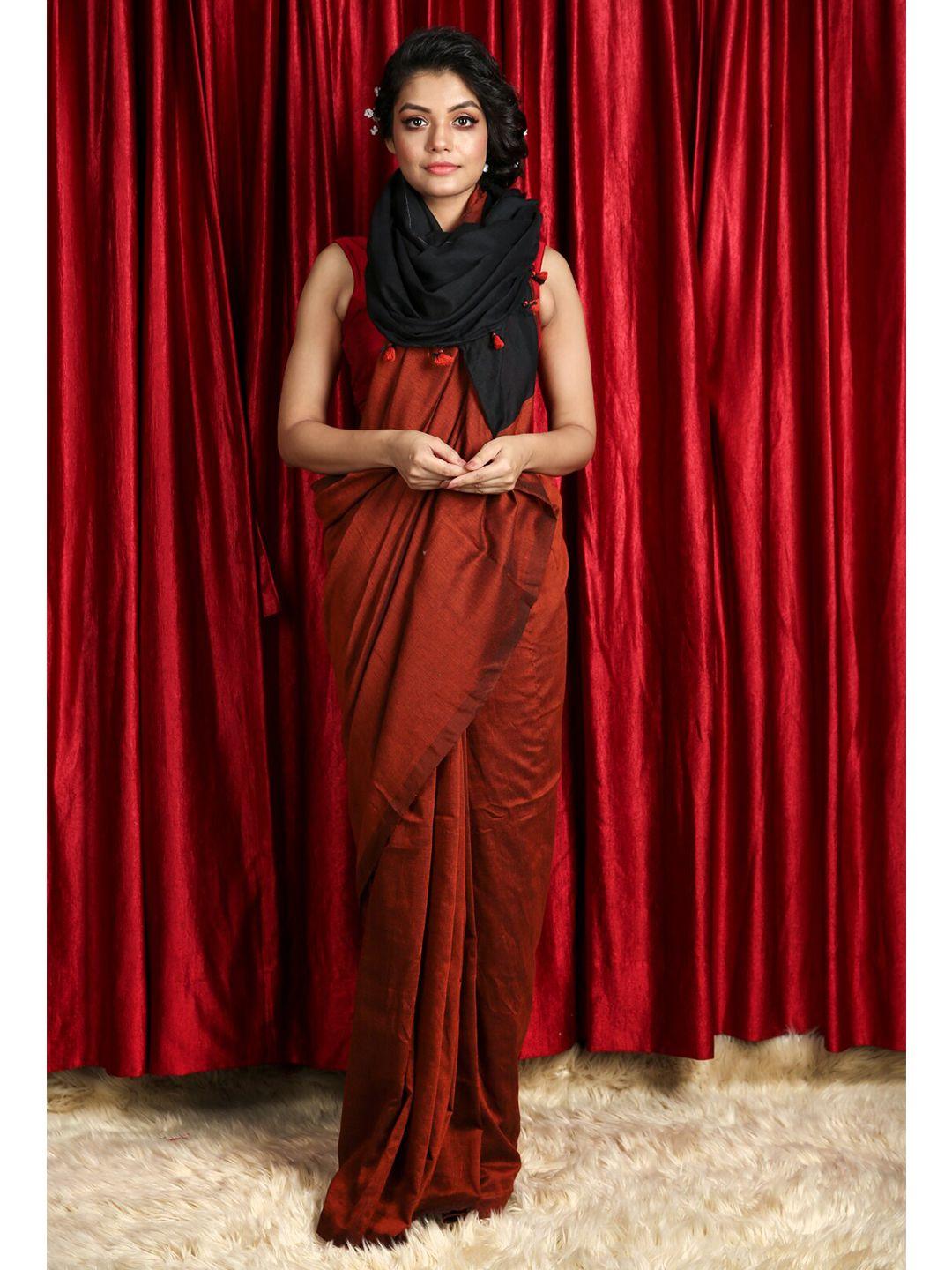 charukriti rust & black solid woven design handloom saree