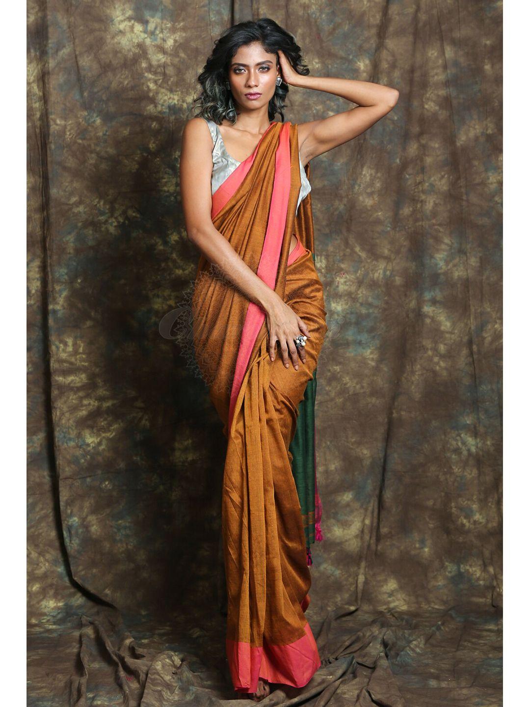 charukriti rust & pink solid woven design handloom saree