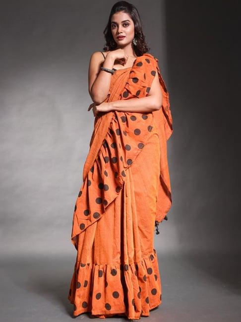 charukriti rust cotton polka dots saree with unstitched blouse