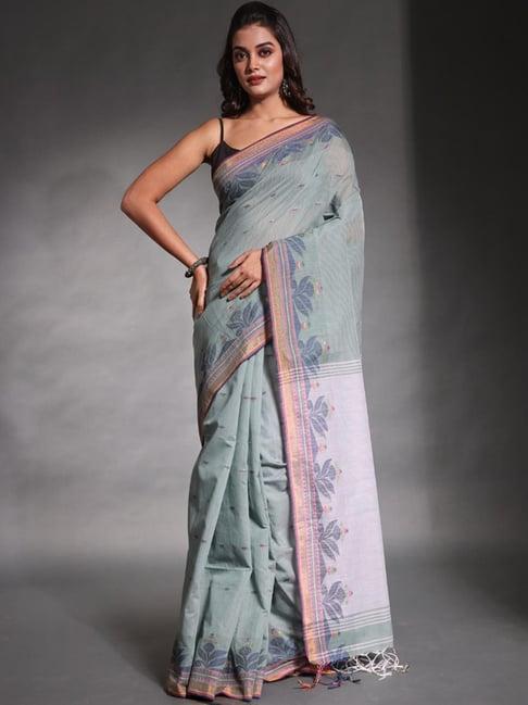 charukriti sage green woven saree with unstitched blouse