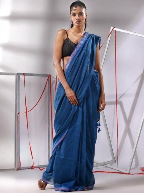 charukriti sapphire blue cotton embellished saree with unstitched blouse