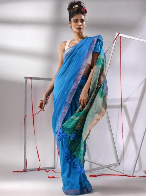 charukriti sapphire blue cotton striped saree with unstitched blouse