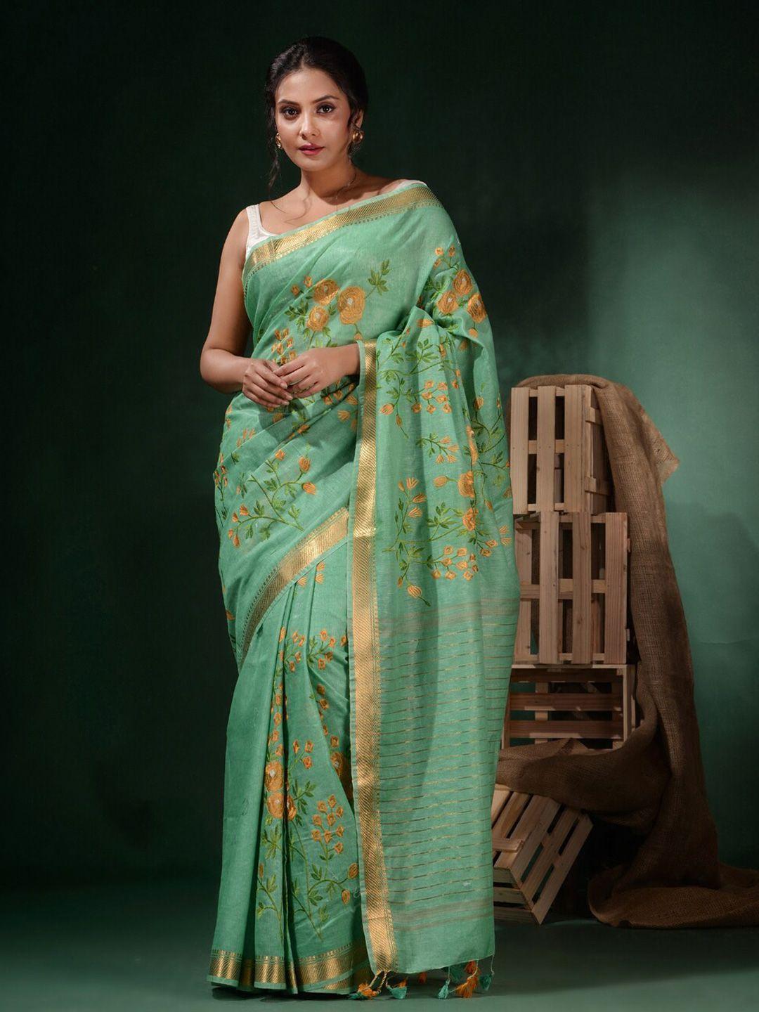 charukriti sea green & green floral zari linen blend saree