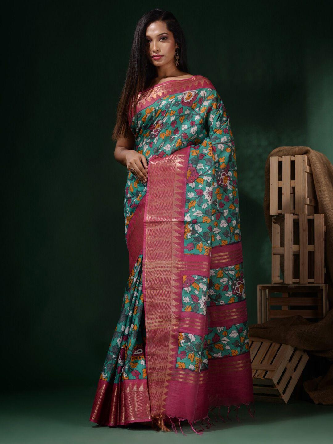 charukriti sea green & pink kalamkari zari silk blend saree