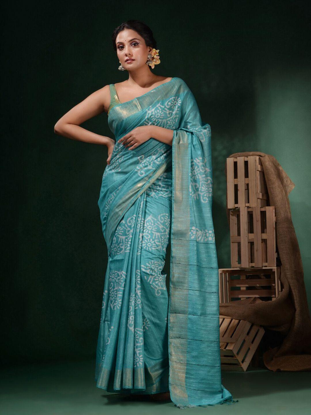 charukriti sea green & white batik zari silk blend saree