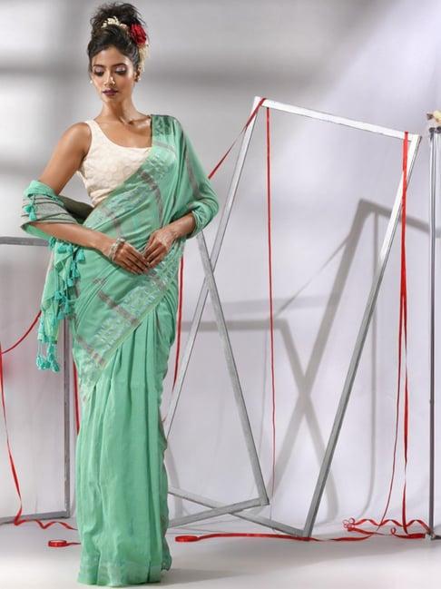 charukriti sea green cotton striped saree with unstitched blouse