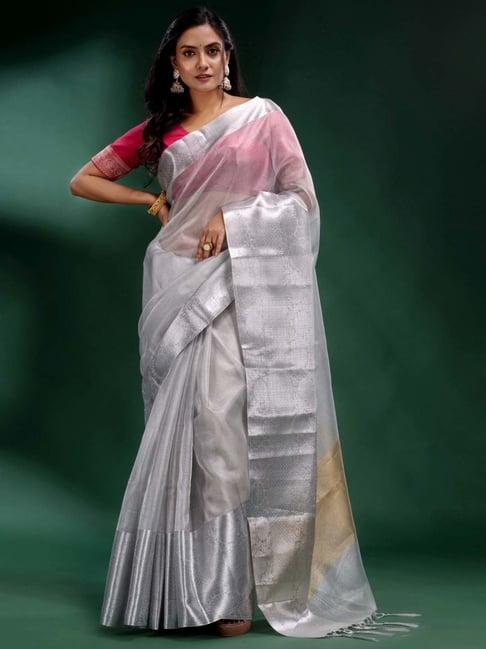 charukriti silver woven saree with unstiched blouse