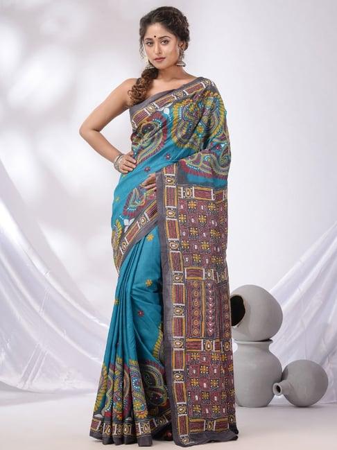 charukriti sky blue & grey silk embroidered saree with unstitched blouse