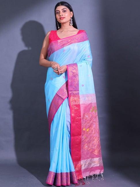 charukriti sky blue woven saree with unstitched blouse