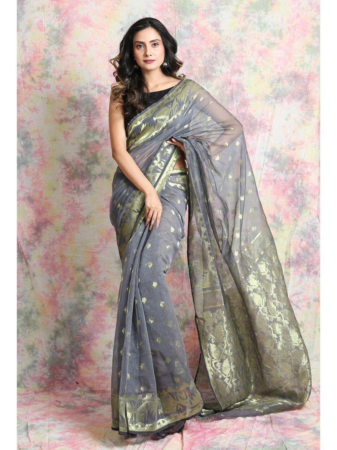 charukriti steel & gold-toned woven design silk cotton handloom jamdani saree