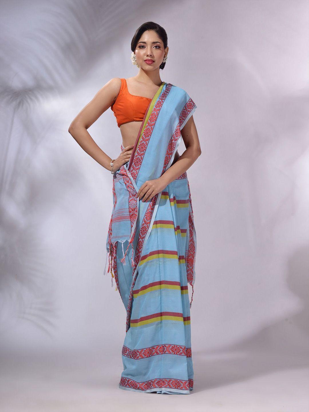 charukriti striped embroidered pure cotton handloom saree