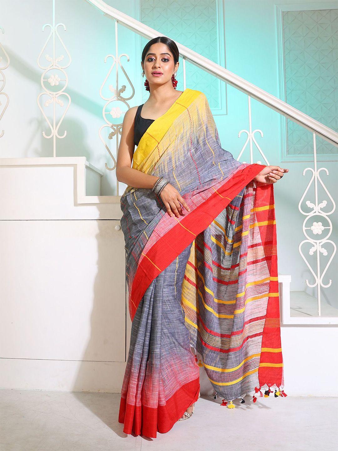 charukriti striped pure cotton ikat saree with tassel