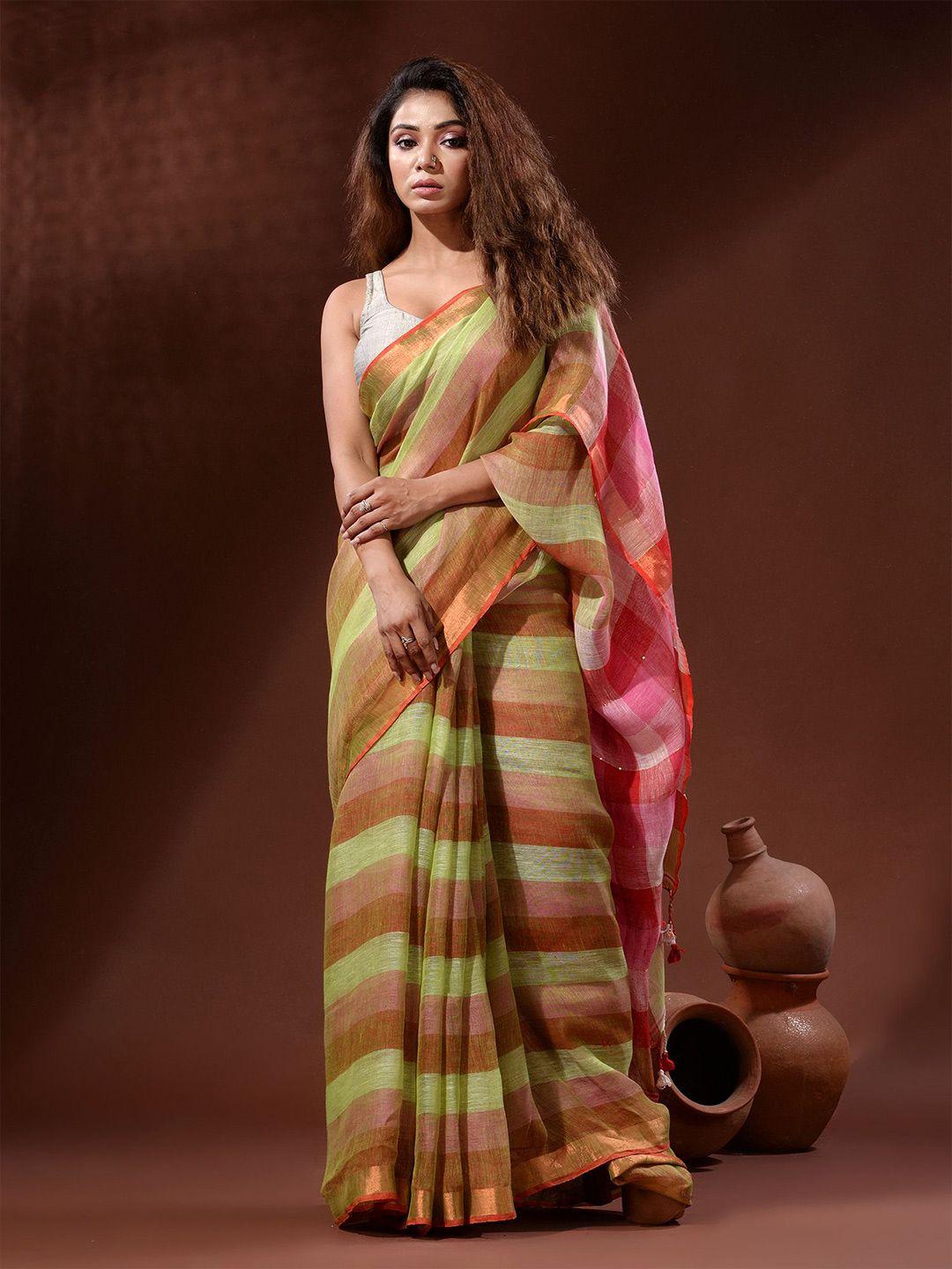 charukriti striped zari pure linen saree