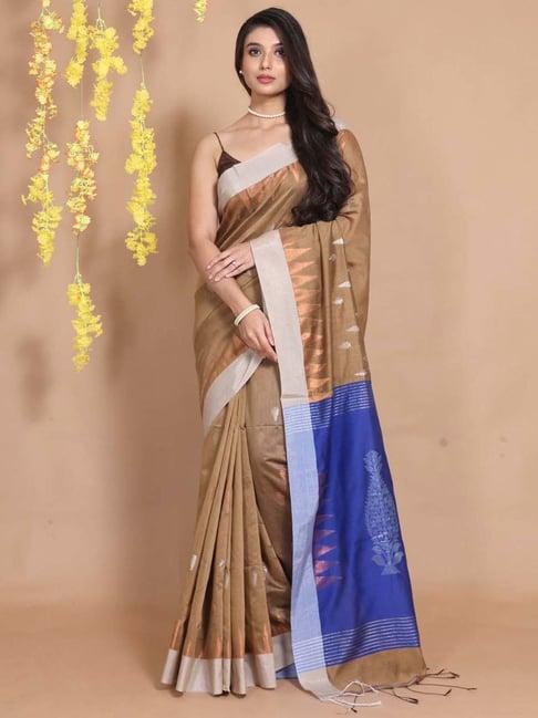 charukriti tan beige woven saree with unstitched blouse