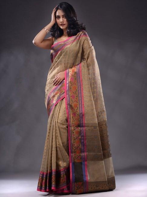 charukriti tan silk woven saree with unstitched blouse