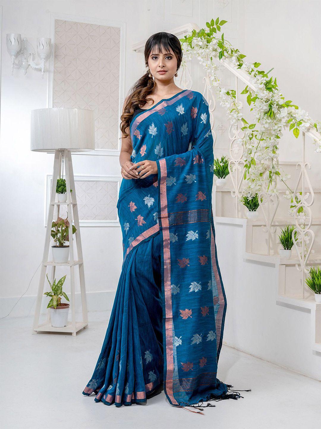 charukriti teal & copper-toned ethnic motifs pure linen saree