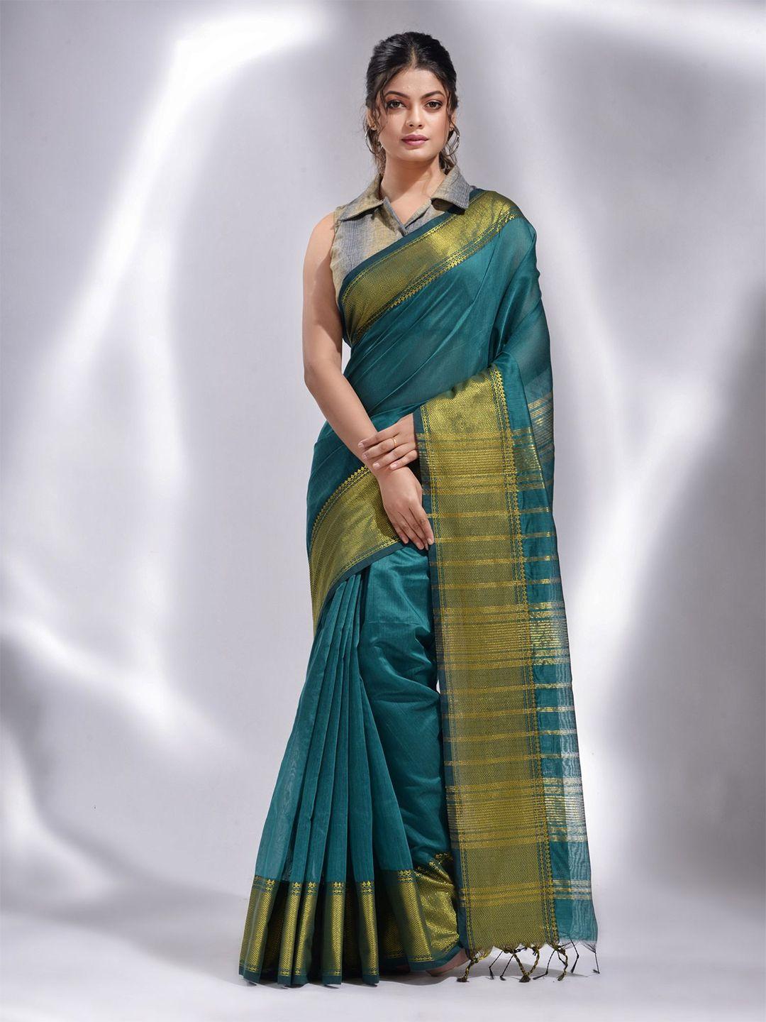 charukriti teal & gold-toned zari saree