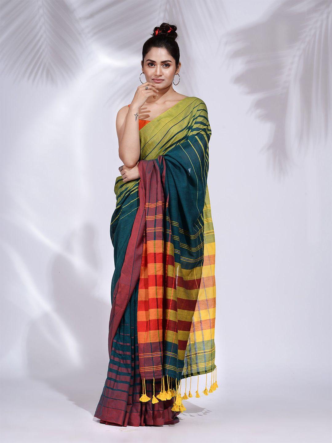 charukriti teal & orange striped pure cotton saree